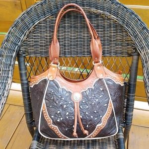 American West Tooled Studded Leather Shoulder Bag